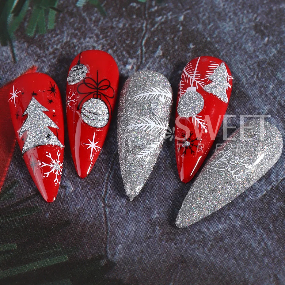 Silver Flash Christmas Nail Stickers 3D Winter Tree Snowflake Feather Lantern Gift Wine Holographic Ergonomic Slide Tips 241008