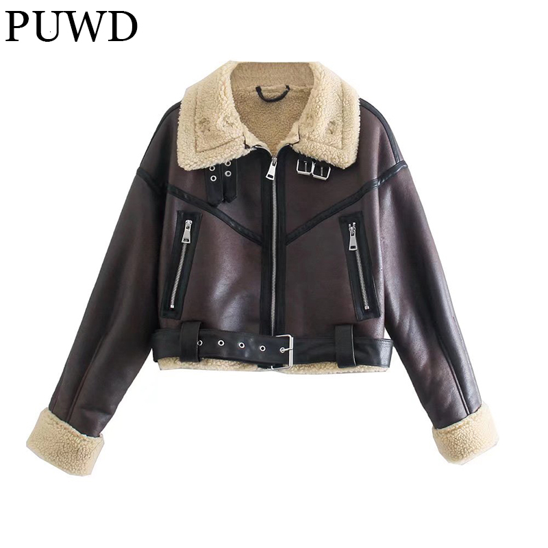 PUWD Retro Women Faux Fur One-Sided Double 2021 Winter Warm Locomotive Sashes Jacket Street Leisure Loose Female Outwear