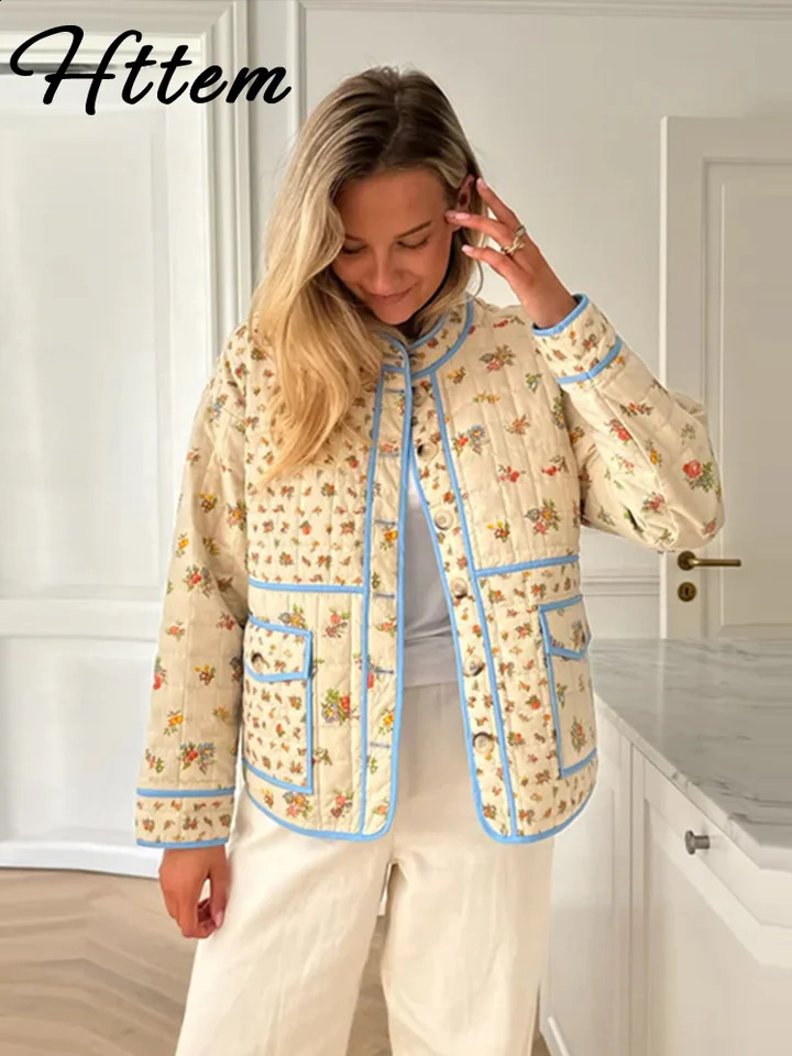 Casual printed bedding coat womens loose O-neck single chest pocket coat womens autumn and winter womens jacket 241007