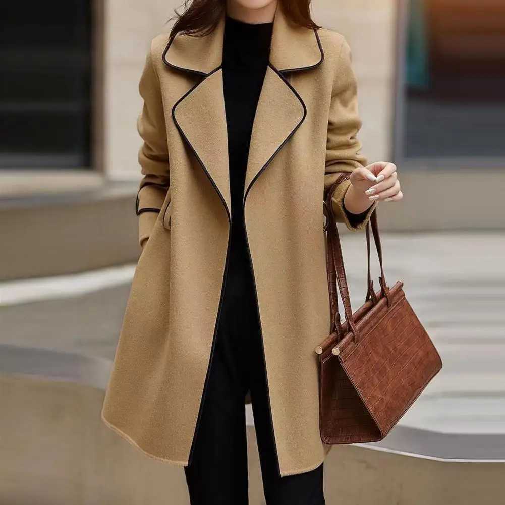 Stylish Women Outerwear Elegant Long Sleeves Autumn Winter Slim Fit Open Stitch Woolen Coat Ladies Jacket StreetwearX241009