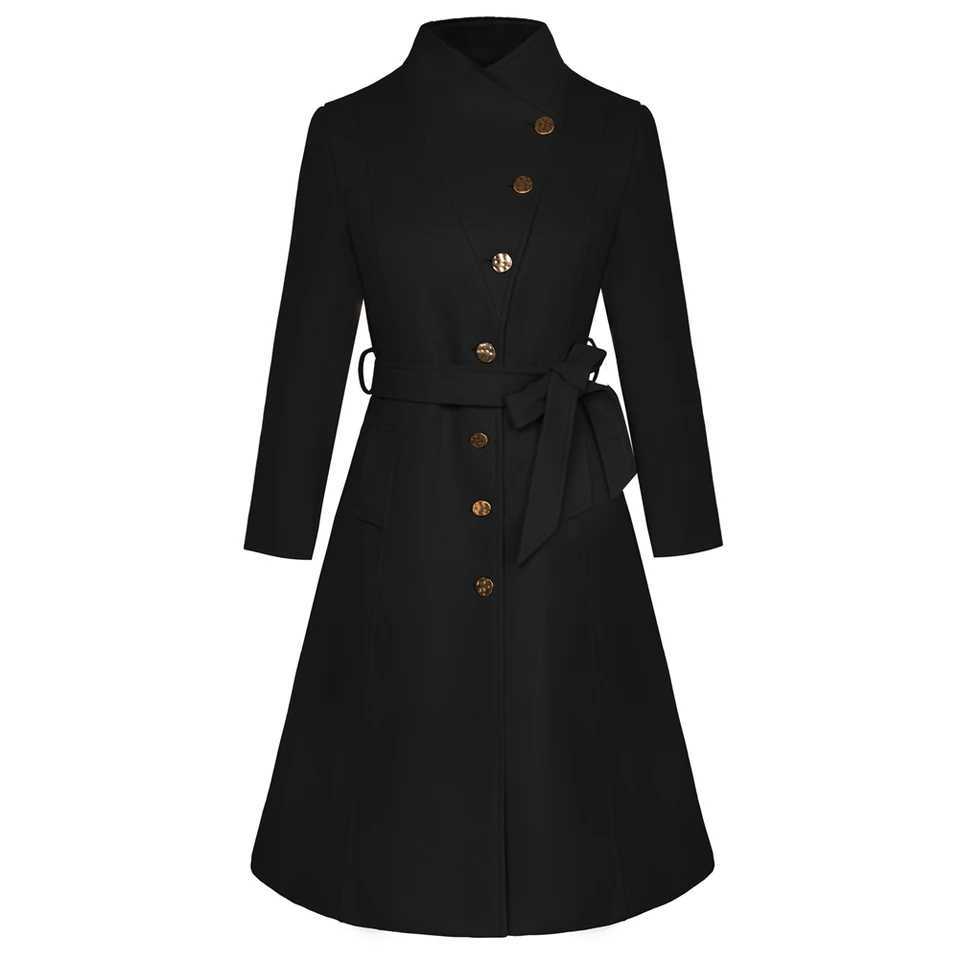GK Women Coat Button Winter Woolen Fabric Overcoat Stand Collar Single Breasted Below Knee Coat Streetwear Woman OuterwearX241009