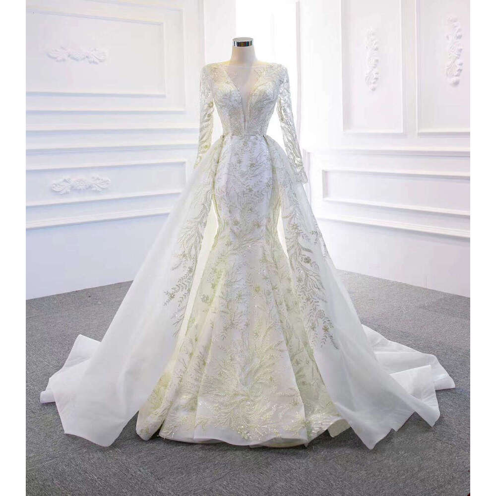 Wedding Gorgeous Dresses Mermaid O Neck Sequined Detachable Train Long Sleeve Princess Bride Dress Vestido De Novia Custom Made