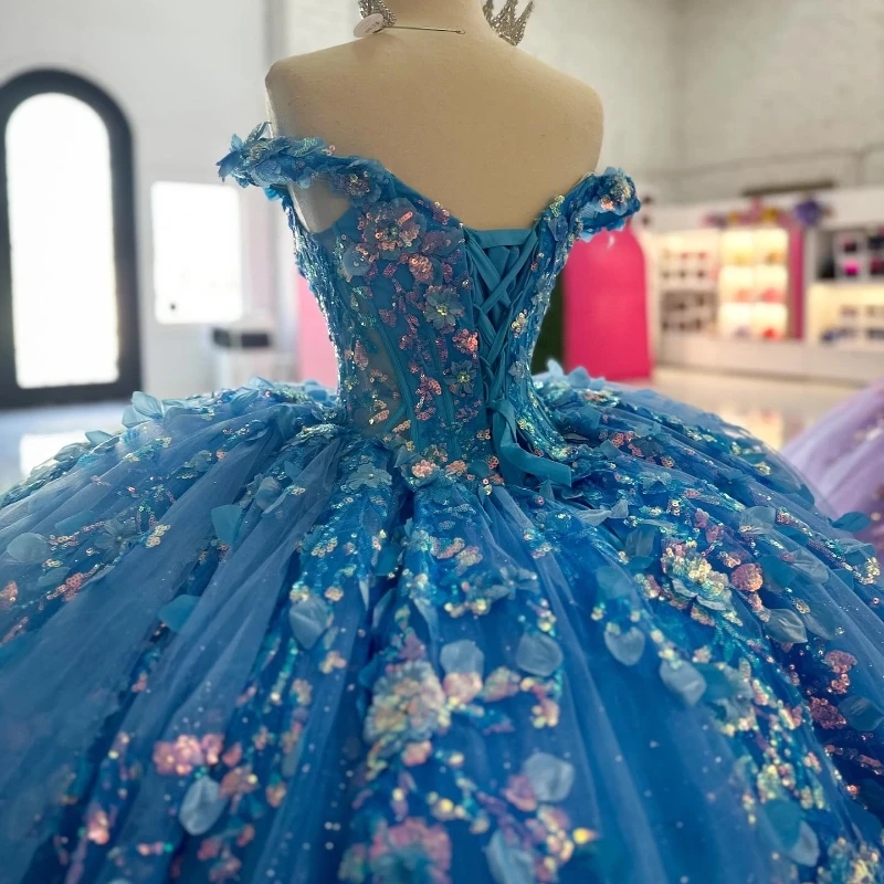 Light Blue Shiny Princess Quinceanera Dresses Ball Gown Off The Shoulder Sequin Applique Lace Beads Tull Corset Sweet 16 Vestidos De XV 15 Anos