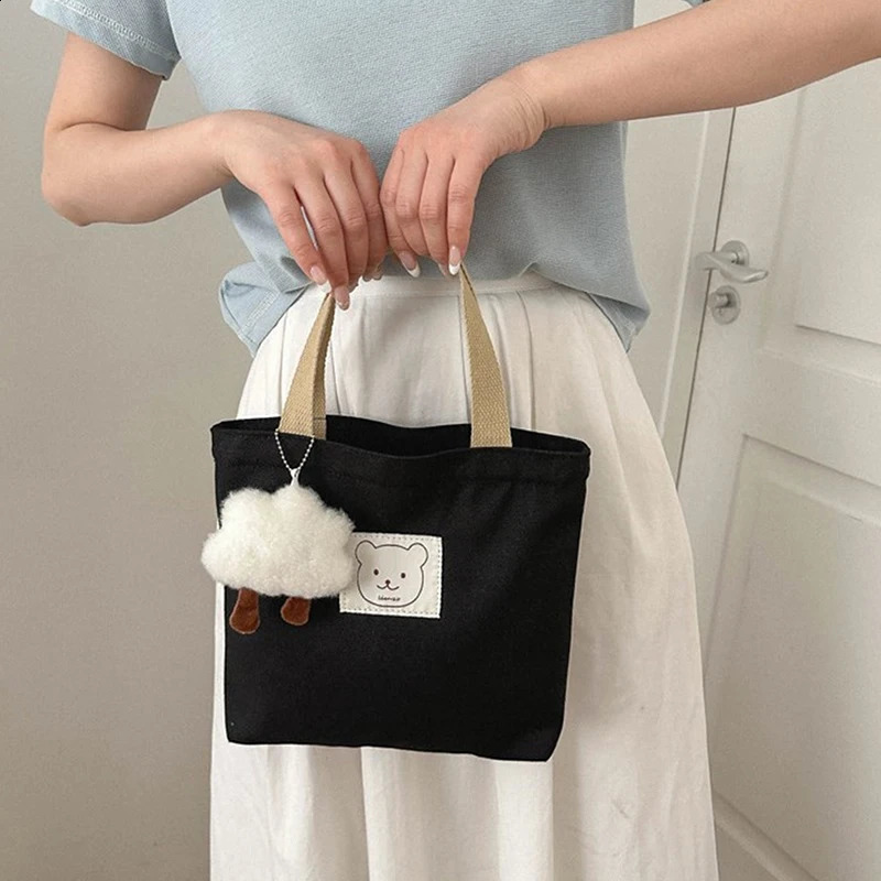 Small Canva Tote Food Bag Japanese Bear Hand Lunch Korean Canvas Handbags Cotton Cloth Picnic Travel Bento 240925