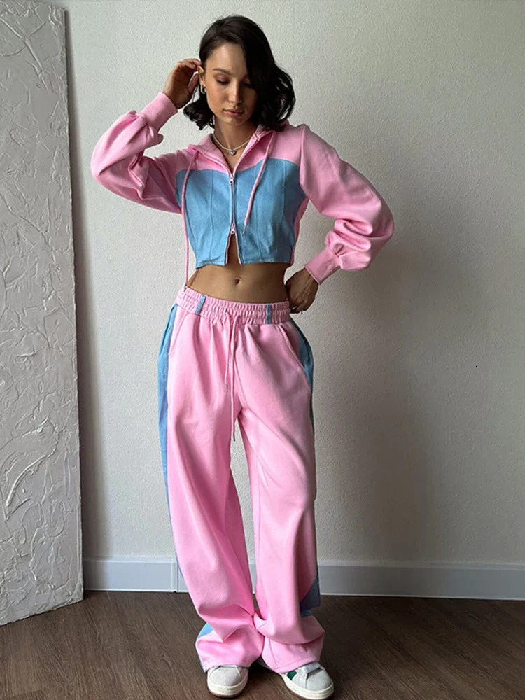 Casual Comparison Brushed Hoodie Set Womens Ultra Thin Zipper Crop Coat Loose Wide Leg Pants Autumn Track and Field Wear 241007