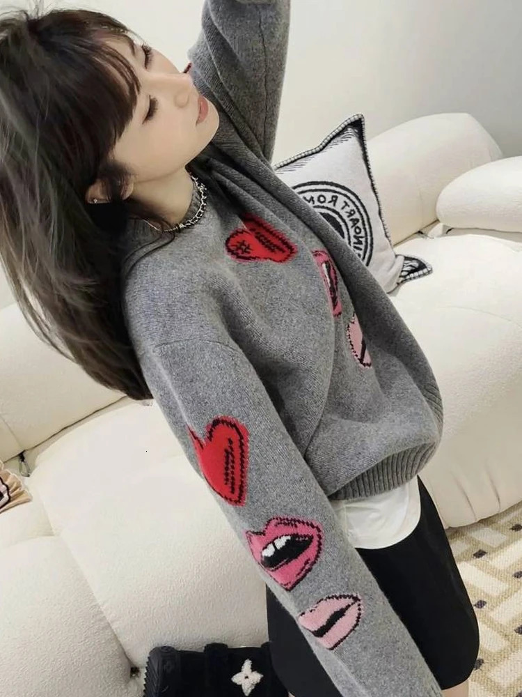 Autumn and Winter Wool Lanhua Womens Round Neck Loose Set Love Lipstick Sweater Cashmere Knitted Bottom 241007