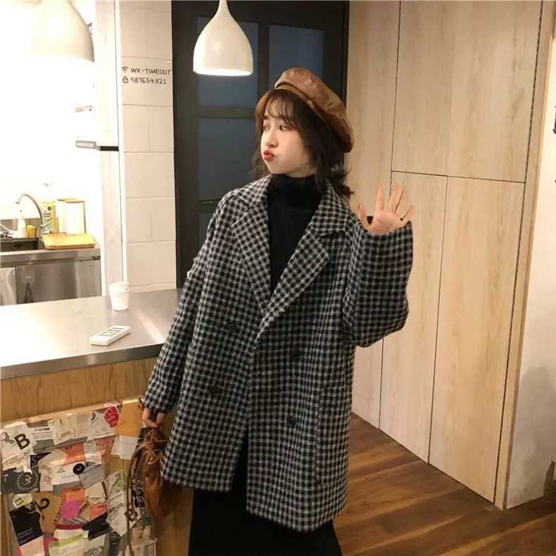 Checked Suit Woolen Coat Woolen For WomenS Autumn Winter Overcoat Korean Fashion Mid Length Coat For WomenS ClothingX241009