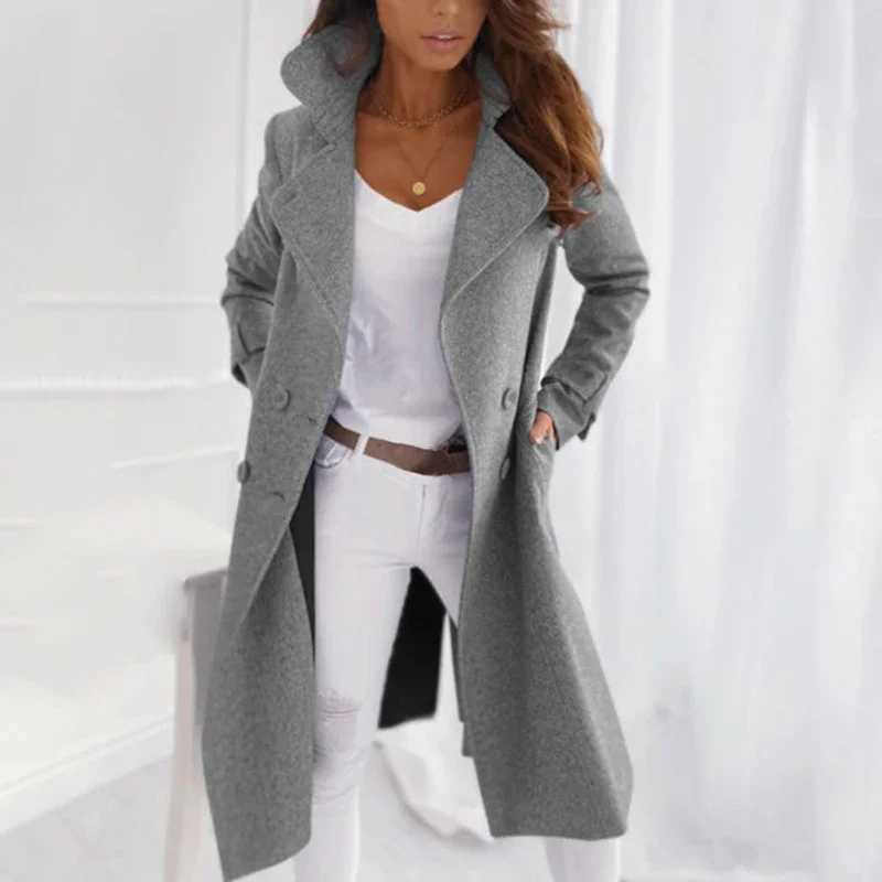 New Fall Windbreaker New Womens Imitation Wool Coat Lapel Long Casual Woolen Coat Solid Casual Double-breasted CoatX241009