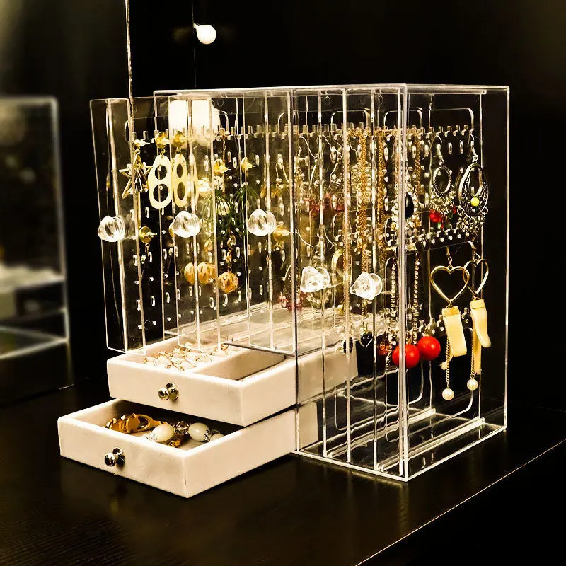 Plastic jewelry box storage womens velvet drawer jewelry organizer box necklace bracelet earring transparent display rack 240924