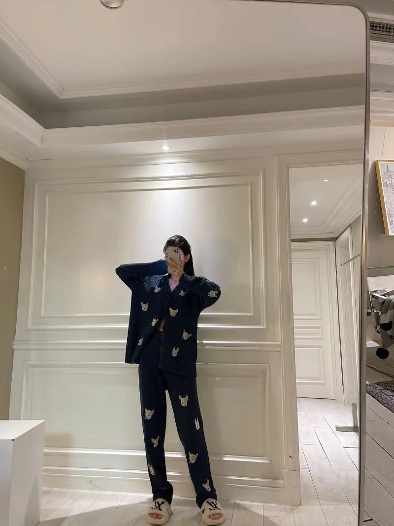 Autumn Winter Fashion Casual Pama Sets V-Neck Cardigan Trousers Pijamas Feminino Cute Cartoon Embroidery Loose Homewear Suit