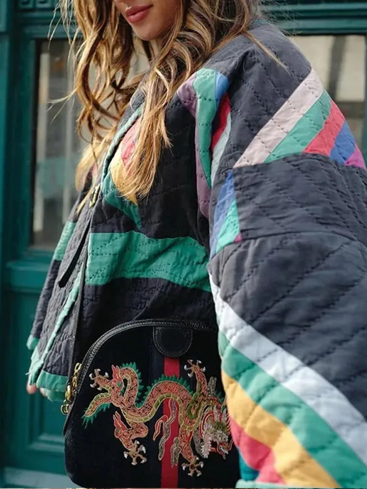 Autumn striped printed cotton lined womens jacket winter casual long sleeved comparison jacket 241007