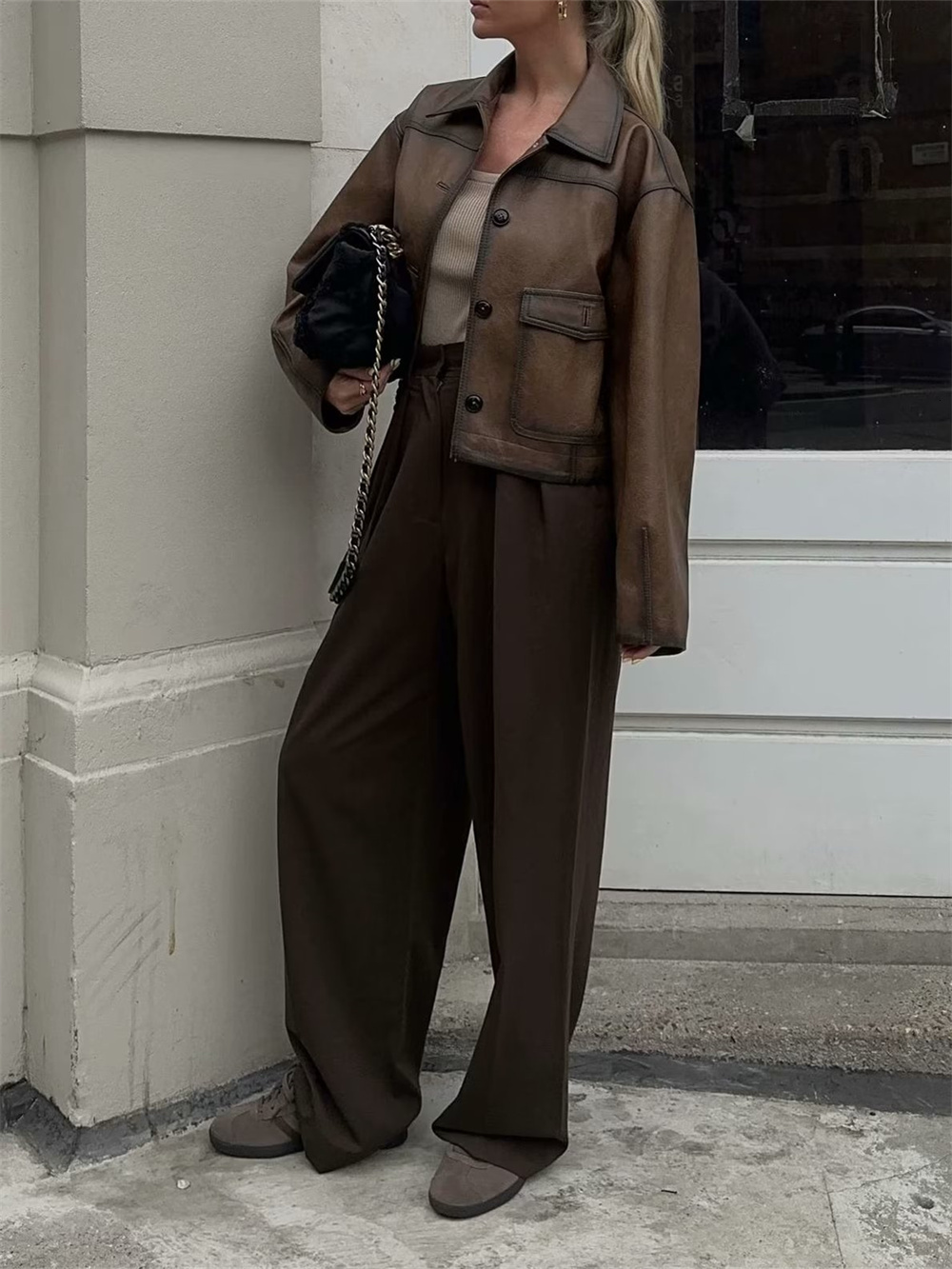 ZACK RAIN Women 2023 Autumn Fashion Ladies Casual Comfortable Single-Breasted Long Sleeves Leather Jacket For Female Coat