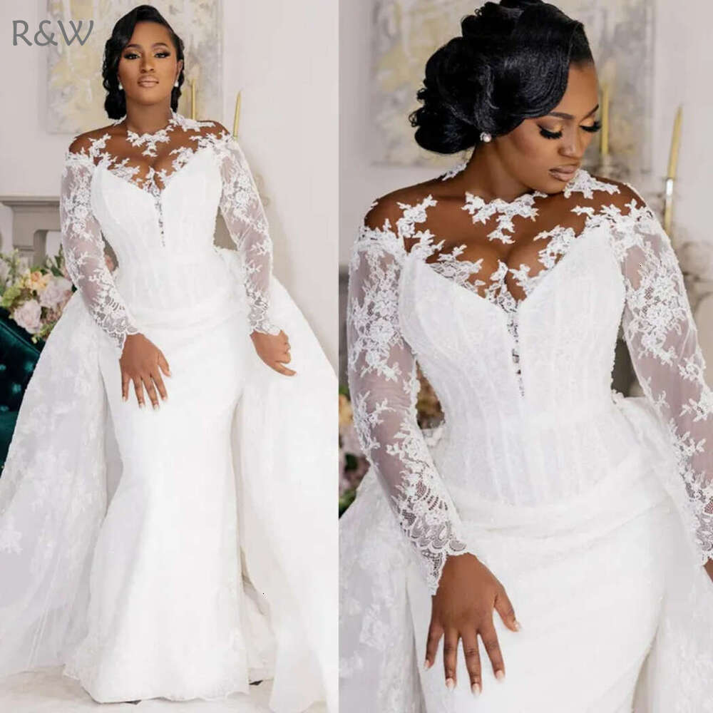 R&W Plus Size Modest Mermaid Wedding Dresses Long Sleeves Lace Bridal Dress With Detachable Train Elegant Gowns for Bride African Black Women Country 