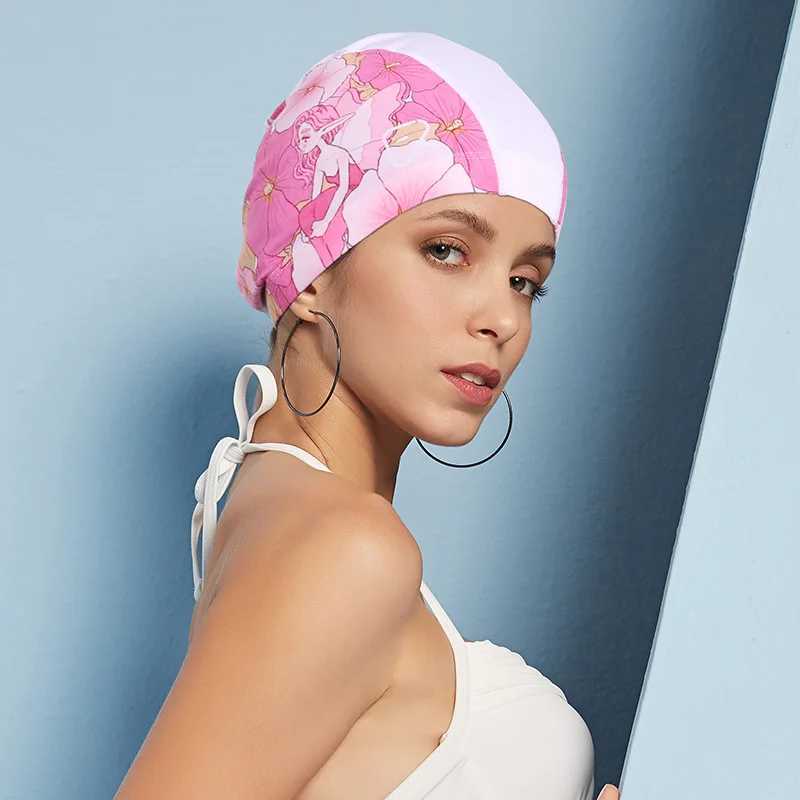 Adult printed fabric swimming cap womens waterproof earmuffs long hair swimming cap swimming pool accessories CL241009