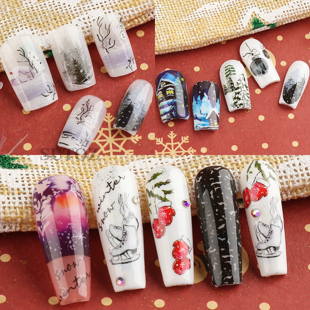 Christmas water nail stickers winter forest nail stickers snow trees Year decorations transfer slider 241008