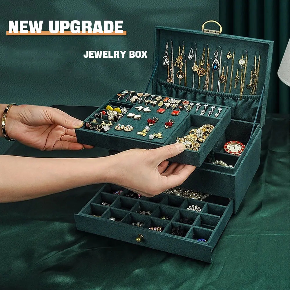 2024 3-layer Retro Style Velvet Jewelry Box Double Lock Storage Box Necklace Watch Earrings Jewelry Box Ring Box Gift Packaging 240924