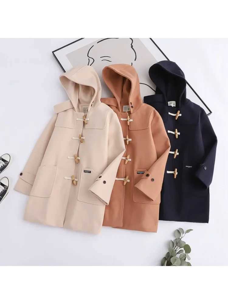 2025 Womens Tweed Coat Winter Korean Fashion Mid-length Coats Vintage Horn Button Hooded Loose Solid Jackets Casual Female TopX241009