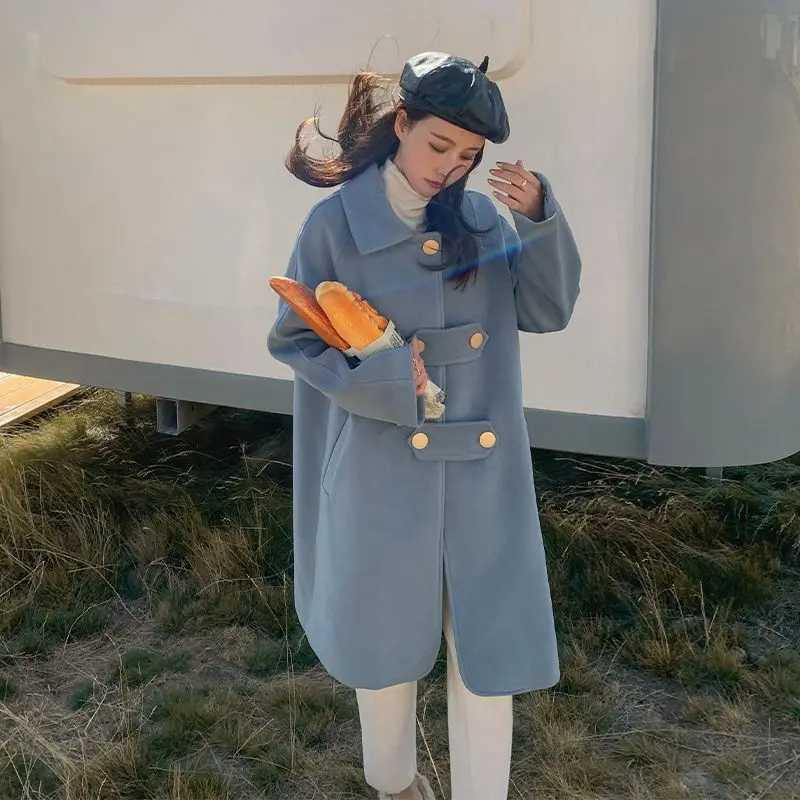 Woolen Coat With Large Button Lapel Design Haze Blue Solid Color WomenS Mid-Length 2024 Winter New Woolen CoatX241009