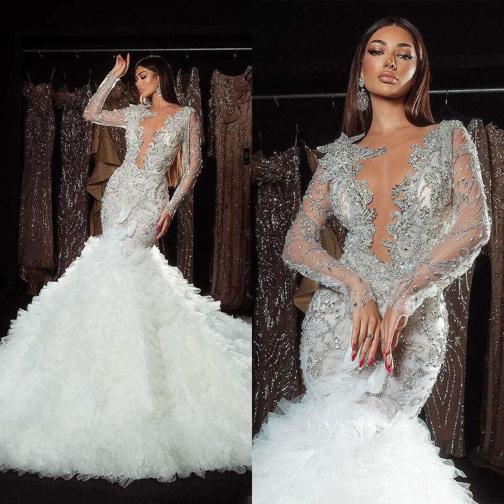Wedding Dress Mermaid V-Neck Crystal Appliques Ruffles Long Sleeve Gorgeous Bride Vestido De Noiva Custom Made 0228Lz