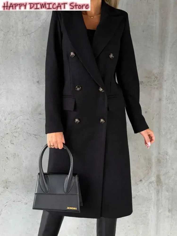 Woolen Coat Casual Solid Color Coats Women Autumn Winter Long Jacket Ladies Vintage Double Breasted Overcoat Female ElegantX241009