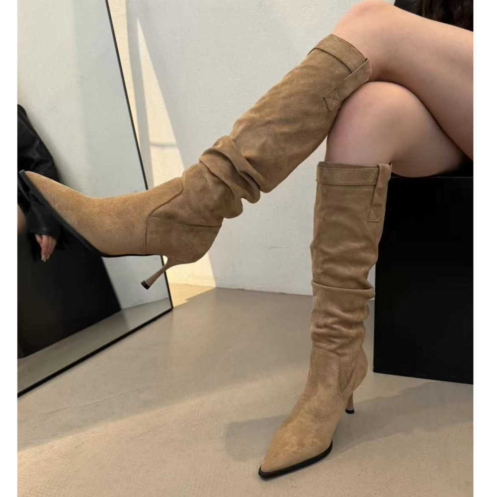 Autumn Winter Versatile Martin Boots Slimming Pile Boots With Pointed Toes Fashion Boots Thin Heels High Heels Boots For Women Beautiful Knee High Boo