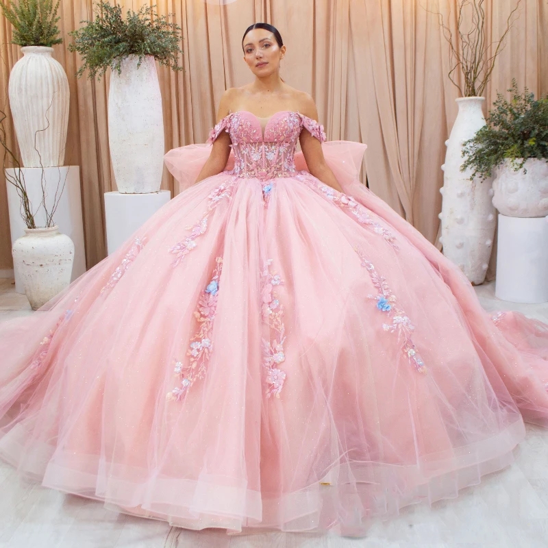 Mexico Pink Sweetheart Ball Gown Quinceanera Dresses For Girls Beaded Appliques Lace Tull Birthday Party Sweet 16 Dress Vestidos 15 Anos