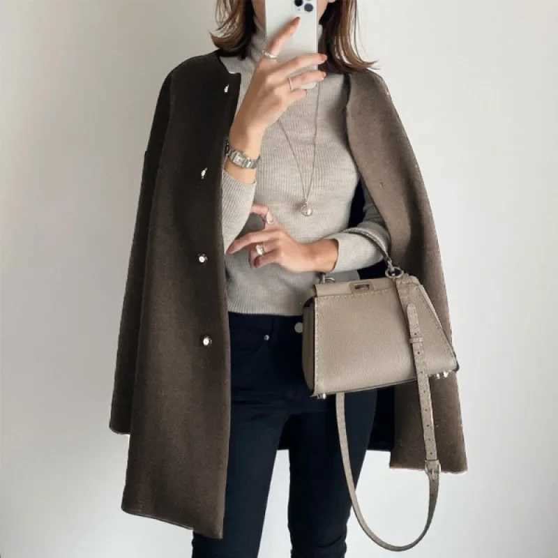 Autumn/winter 2024 Commuting Cardiganslims Woolen Neck Round Slim Fit Overcoat Stylish Warm Top For WomenX241009