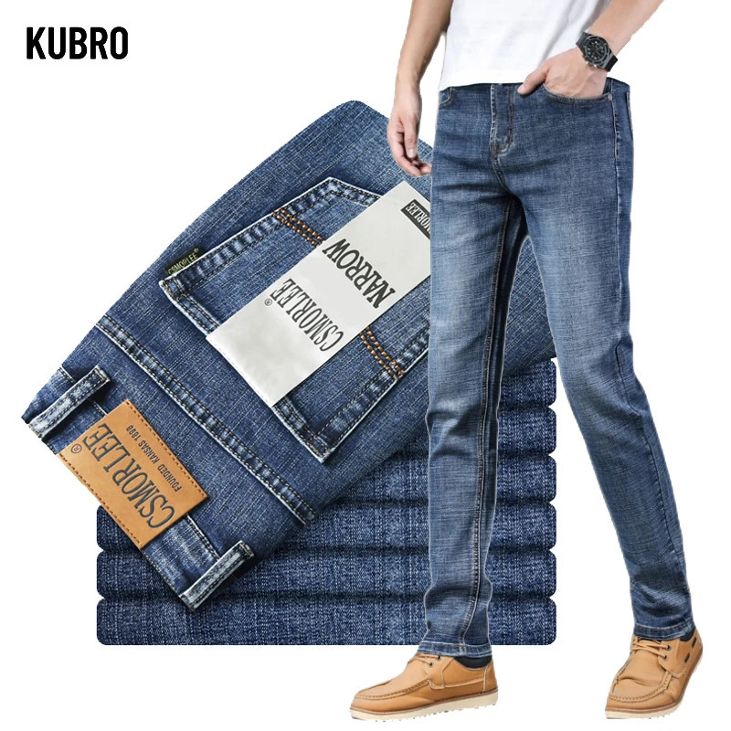 KUBRO classic casual jeans mens highquality retro slim fit elastic cotton Trouser embroidered 240929