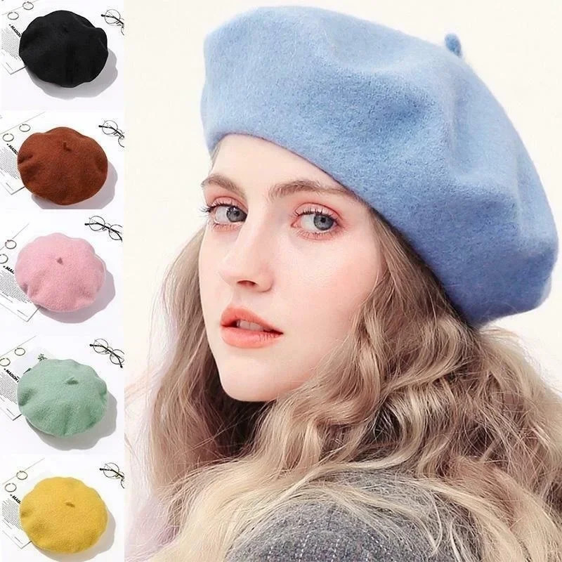 Retro French womens beret autumn winter outdoor beret street style flat top wool warm womens beanie hat 241007