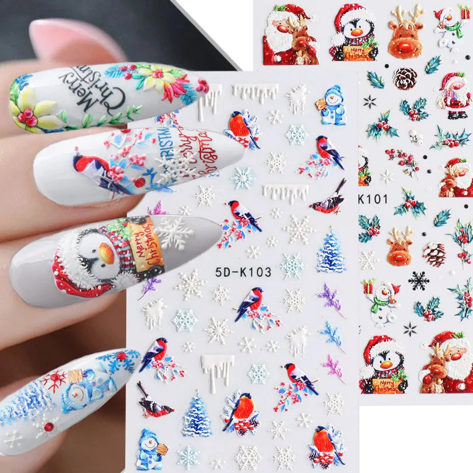 5D embossed Christmas cartoon nail stickers bird snowflakes Santa Claus gingerbread winter slider Year decoration SADK098-103 241008