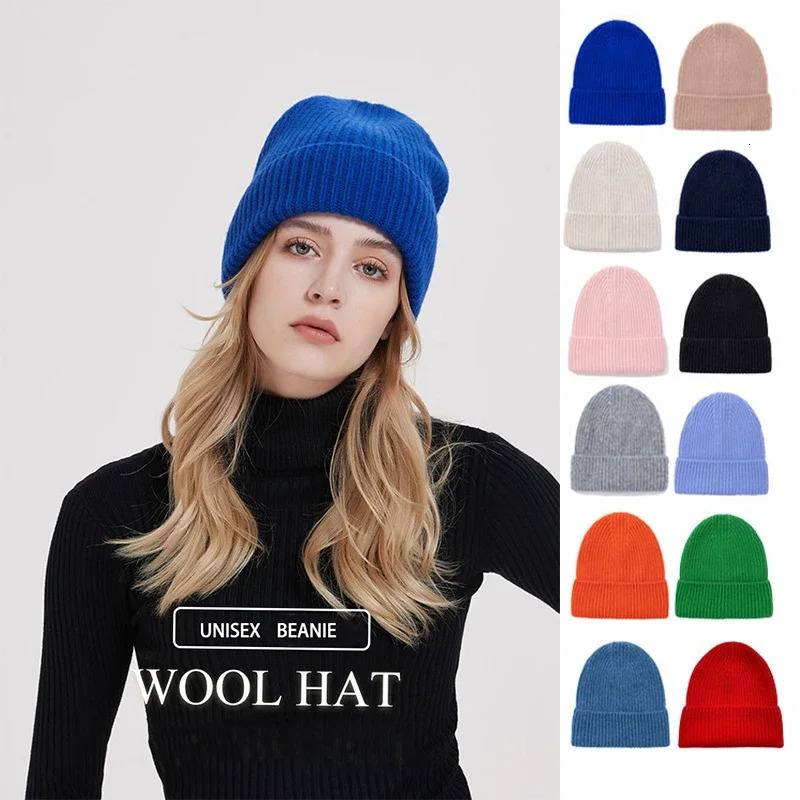 Pure Wool Knitted Beanie Unisex Winter Thick 100%Woolen Hat Classic Mens and Women Cap Ski Solid Sheep-Wool Warm Skull Headwear 241007