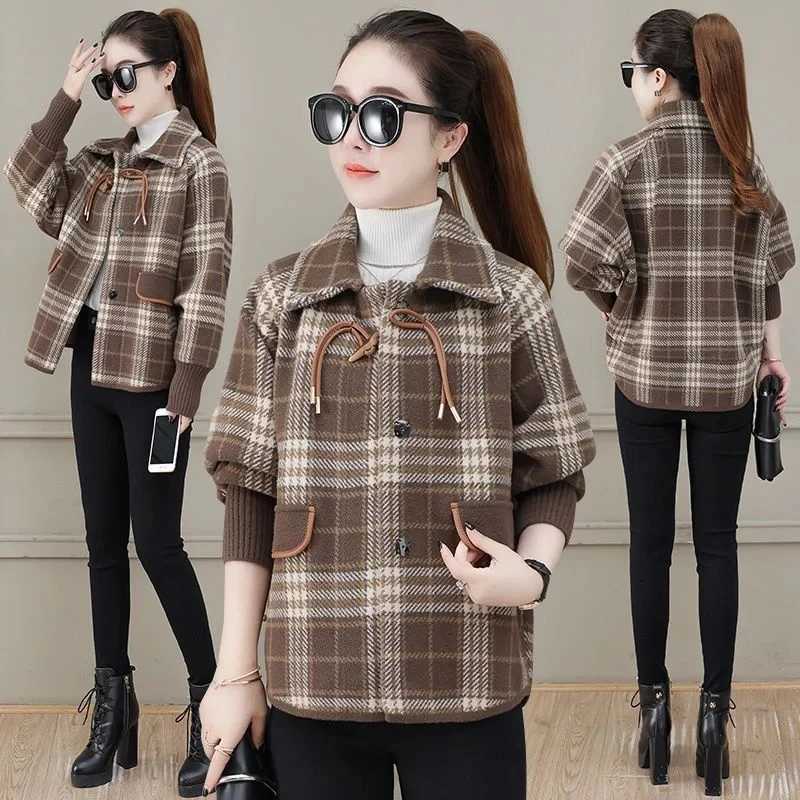 Join Together Womens Woolen Coat 2024 Spring Autumn New Korean Loose Short Jacket Plaid Outerwear Fashion Wool Coats Lady 4XLX241009