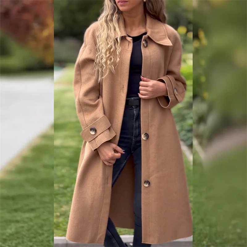 Autumn Winter Single-breasted Cardigan Tweed Jacket Women Large Lapel Double Pockets Long Outerwear Female Casual Commuter CoatX241009