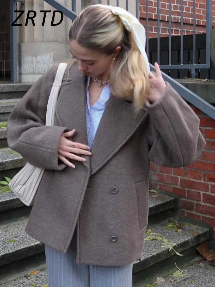 Elegant Faux Woolen Coats Women Lapel Long Sleeve Single Breasted Pocket Jackets 2024 Autumn Winter Lady Chic Loose Gray OutwearX241009