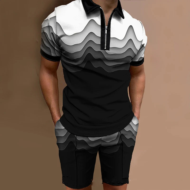 Summer beach element pattern printed mens sportswear set casual zipper polo shirt and shorts 2-piece set vacation party mens clothing 240930