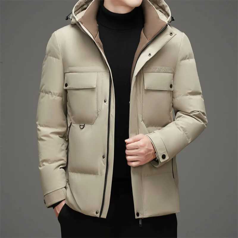 Winter Men Hooded Puffer Parkas Black Beige Khaki White Duck Down Basic Coat Hood Detachable Design Outerwear Thermal Jackets LX241009