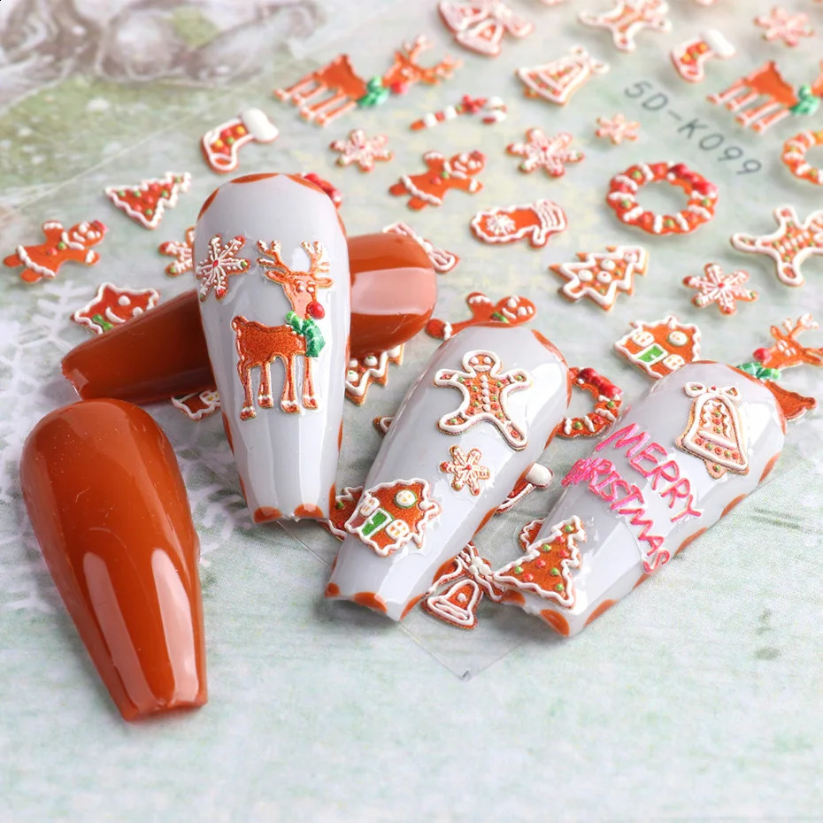 5D embossed Christmas cartoon nail stickers bird snowflakes Santa Claus gingerbread winter slider Year decoration SADK098-103 241008
