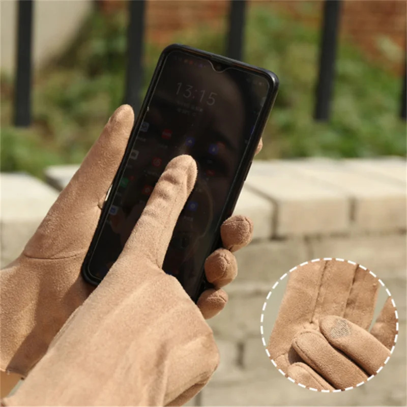 Womens Winter Warm Suede Leather Touchscreen Driving Gloves Mens Cold Velvet Thick Finger Non Flip Bicycle 241009