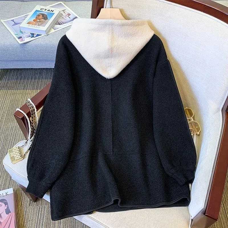 Double-sided Cashmere Fake Two-piece Hooded Woolen Jacket Women 2024Autumn Winter New Temperament Slim Cardigan Wool Coat FemaleX241009