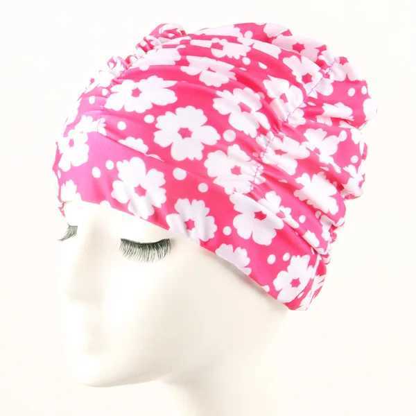 Womens long haired swimming cap pleated shower cap nylon swimming pool fashionable elastic print elastic adult beach CL241009