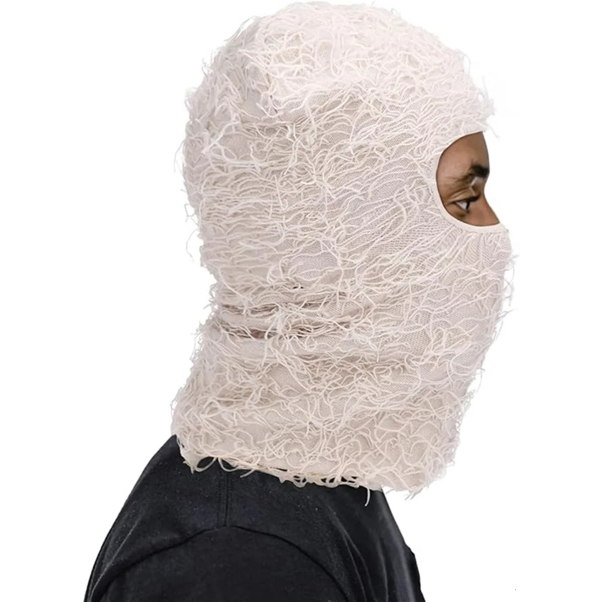 Distressed Ski Mask Full Face Knitted Blur Yeat Shiesty Distress Men and Women White 241009