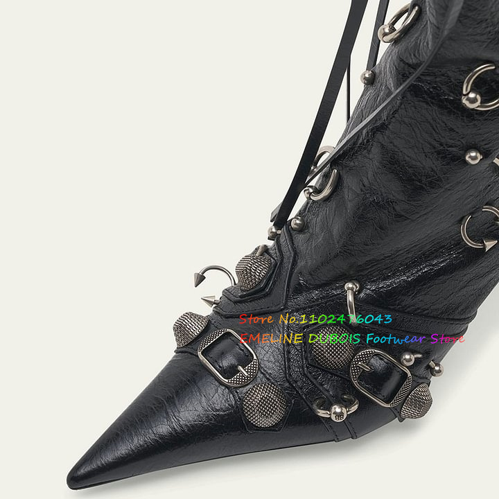 Pointed Toe Studded Buckled Knee High Boots Ring-Piercing Embellishment Side Zippers Black Chic Long Booties For Ladies