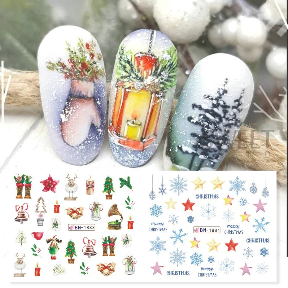 12 Christmas Happy Waternail Stickers Gonk Elk Cookie Snowflake Celebration Ball Sliders Winter Year Handmade Decorative Foil 241008