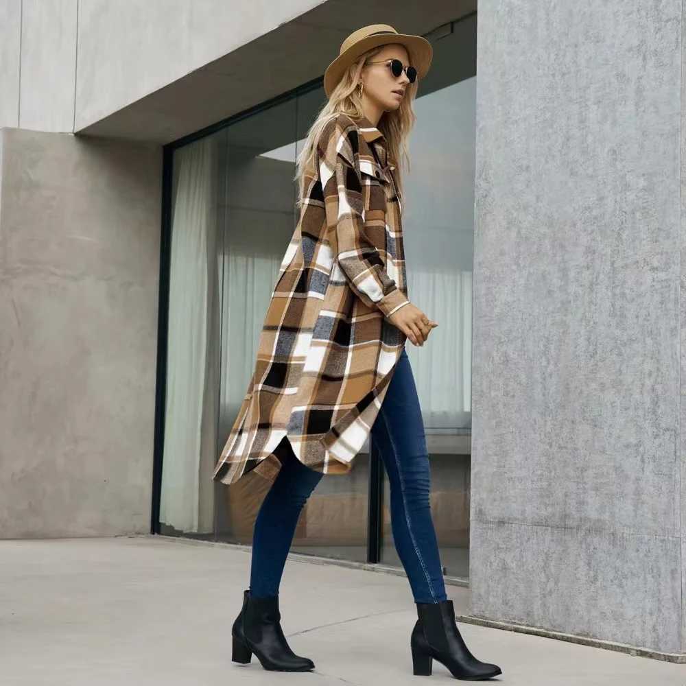 2024 New Autumn Shirt Coats Side Slit Lapel Loose Woolen Y2K Wool Trench Coat Women Long Sleeve Plaid Coat Pockets Shirt JacketsX241009