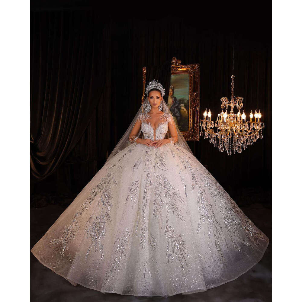 Sumptuous Wedding Dress Ball Gown O-Neck Crystal Beading Sequins Long Sleeve Or-Length Bride Vestido De Noiva Custom Made 0228Lz