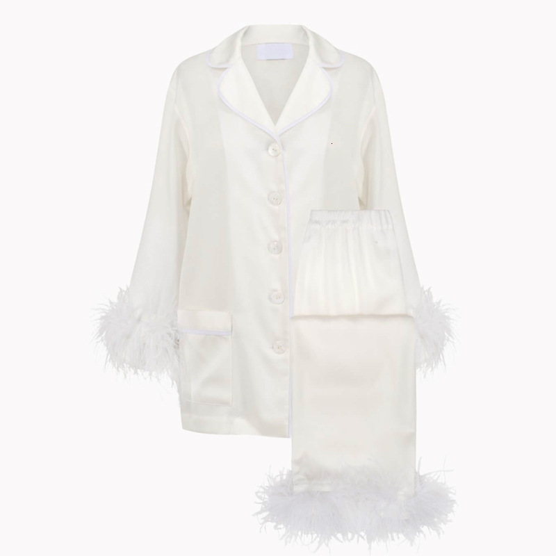 Blogger Long Sleeved Ostrich Feather Pamas For Women, Home Clothes ,White Two Piece Pama Set,Party Wear Winter