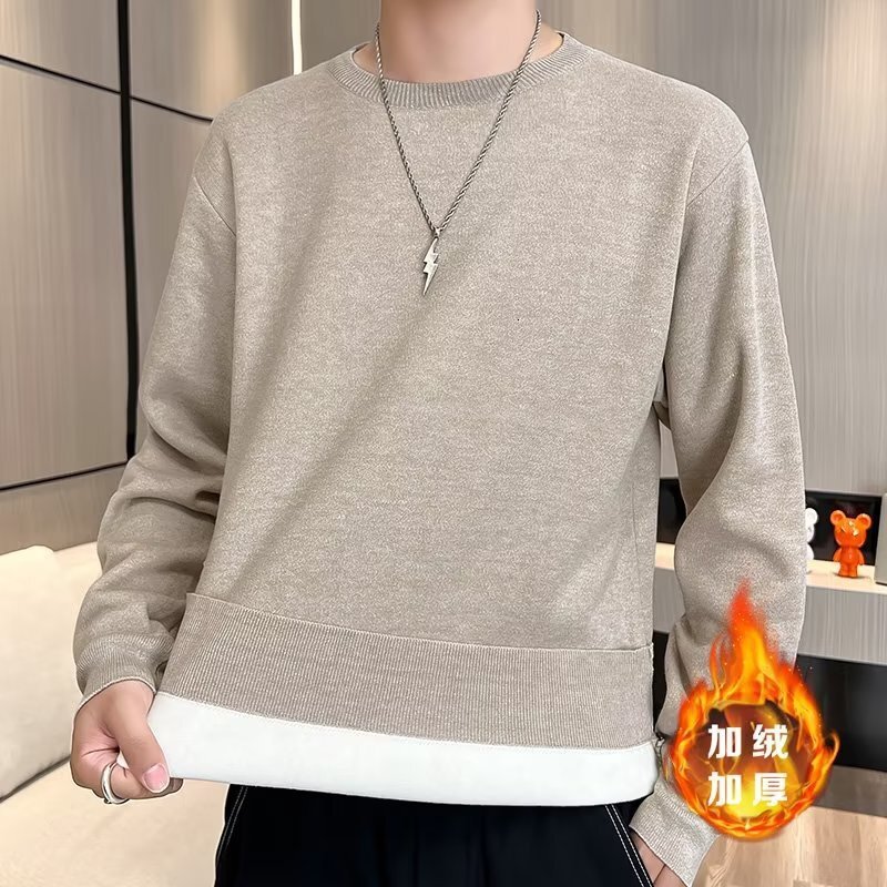 2024 Designer Winter Men's Round Neck Basic Solid Color Integrated Knitted Sweater Inner Bottom Coat Thick Velvet Warmth