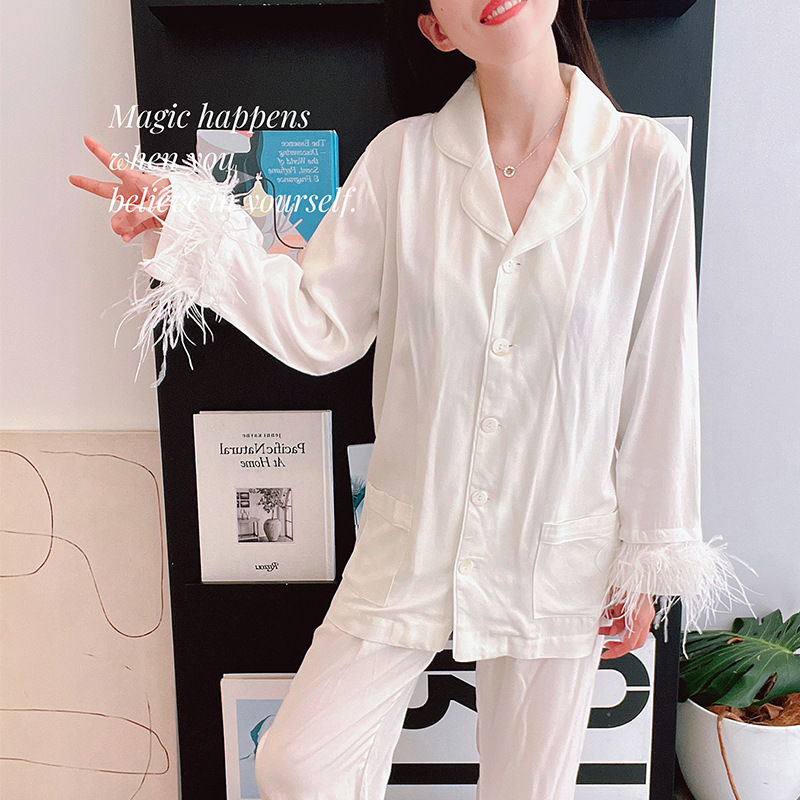 Blogger Long Sleeved Ostrich Feather Pamas For Women, Home Clothes ,White Two Piece Pama Set,Party Wear Winter
