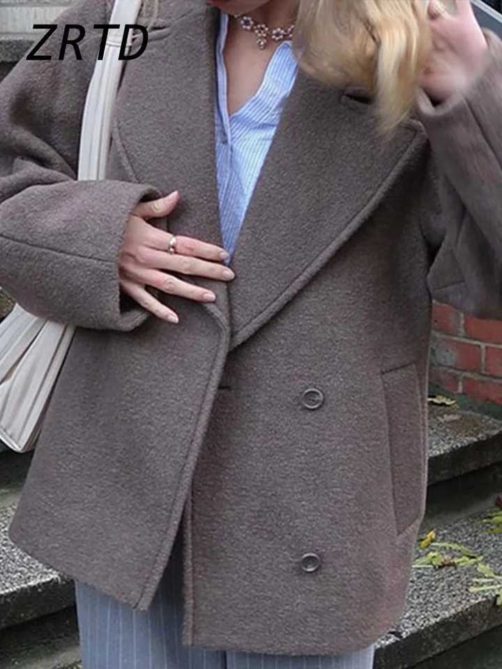 Elegant Faux Woolen Coats Women Lapel Long Sleeve Single Breasted Pocket Jackets 2024 Autumn Winter Lady Chic Loose Gray OutwearX241009