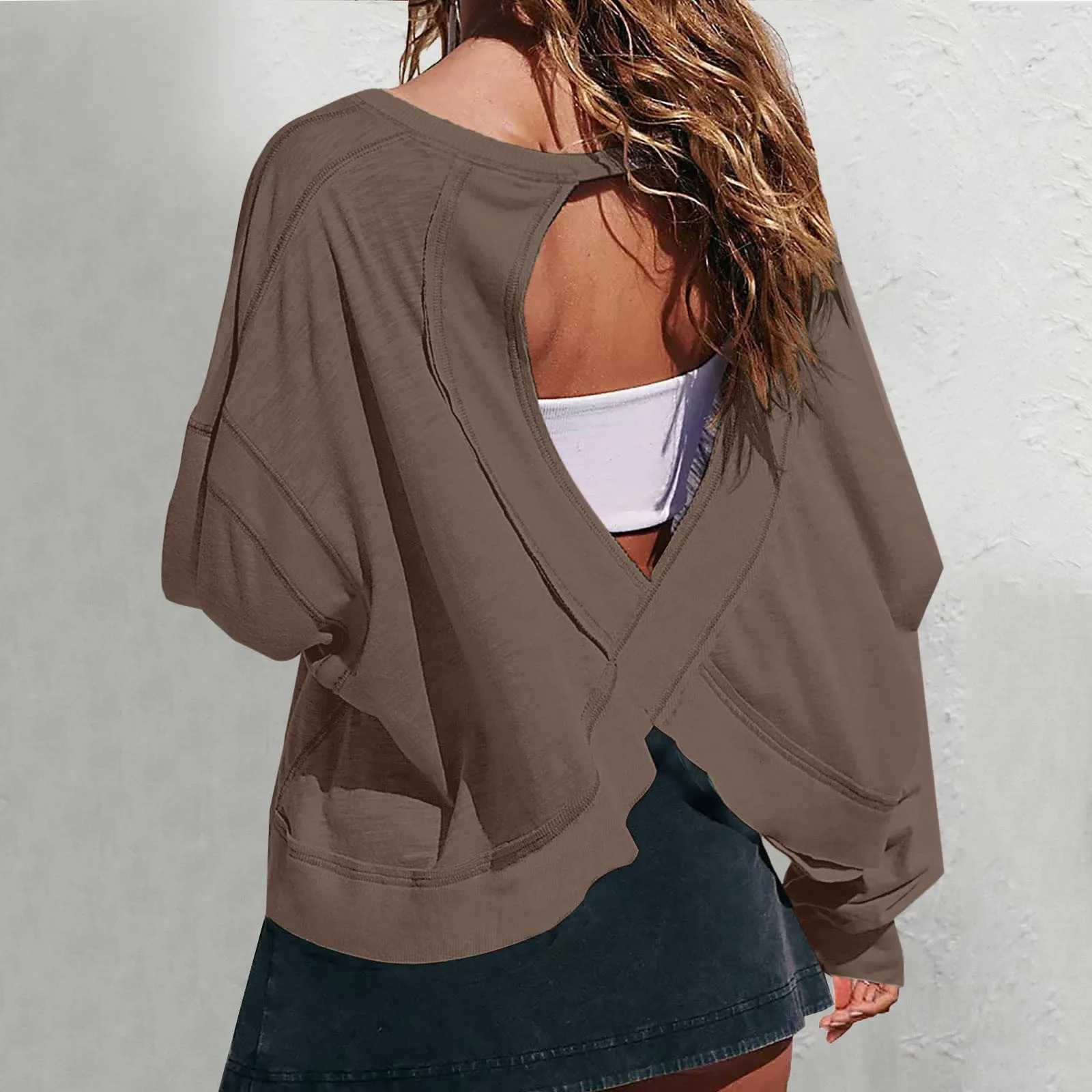 Womens open back exercise top long sleeved sports T-shirt backless round neck gym running yoga casual wear M241009